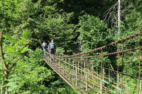 Wandergruppe läuft in Richtung einer Hängebrücke 