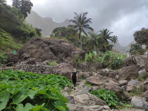 Querfeldein über das Wanderparadies Santo Antão Zwischen üppig-grüner Vegetation und grauem Felsgestein erklimmt eine blonde Frau einen Berg auf dem kapverdischen Wanderparadies Santo Antão.