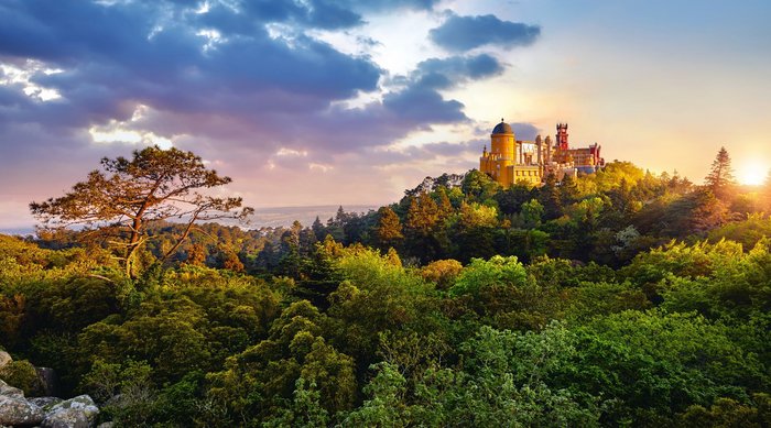 Auf einem Hügel im Sintra-Nationalpark erhebt sich rechts im Hintergrund der Palast von Pena.