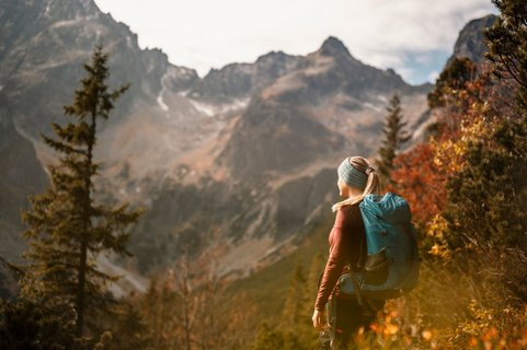 Eine Wanderin blickt in eine bunte Herbstlandschaft mit Wäldern und Bergen