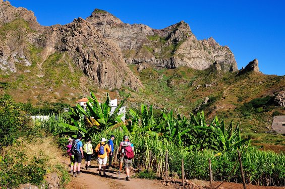 Eine Wandergruppe wandert zwischen Flora und Fauna auf einem Wanderweg auf den Kapverden.
