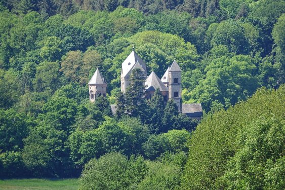 Aus einem waldigen Gebiet sieht man die Türme des Klosters Maria Laach herausragen.