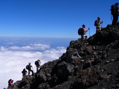 Eine Gruppe Wanderer erklimmt ausgerüstet mit Wanderstöcken eine steile Bergflanke.