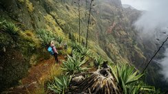 Eine Wanderin blickt in den Cova Krater auf Santo Antão