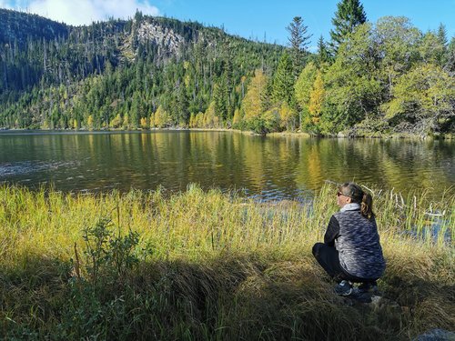 Die Ruhe am See genießen Ein Frau hockt an einem See in einem Wald