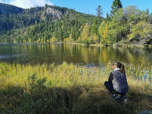 Ein Frau hockt an einem See in einem Wald