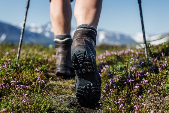 Ein Wanderschuhprofil während des Wanderns in der Natur.